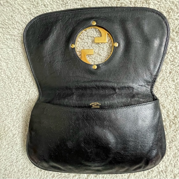 VINTAGE Genuine GUCCI Black Leather BLONDIE Gold Metal GG Logo CLUTCH Purse BAG - Picture 4 of 7